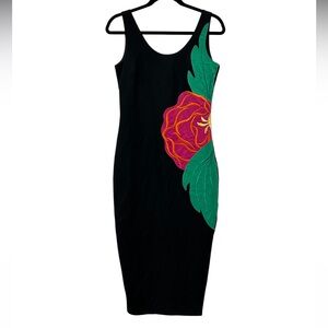 Vintage Deborah Laus Mermaid Dress Linen Blend Black Floral Embroidery Womens 4